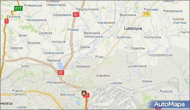 mapa Prusy gmina Kocmyrzów-Luborzyca, Prusy gmina Kocmyrzów-Luborzyca na mapie Targeo