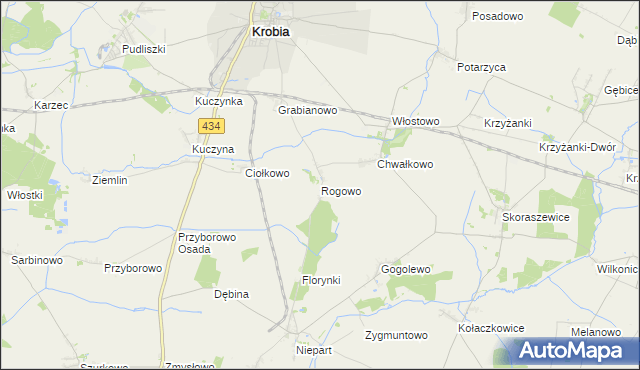 mapa Rogowo gmina Krobia, Rogowo gmina Krobia na mapie Targeo