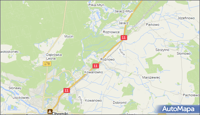 mapa Rożnowo gmina Oborniki, Rożnowo gmina Oborniki na mapie Targeo