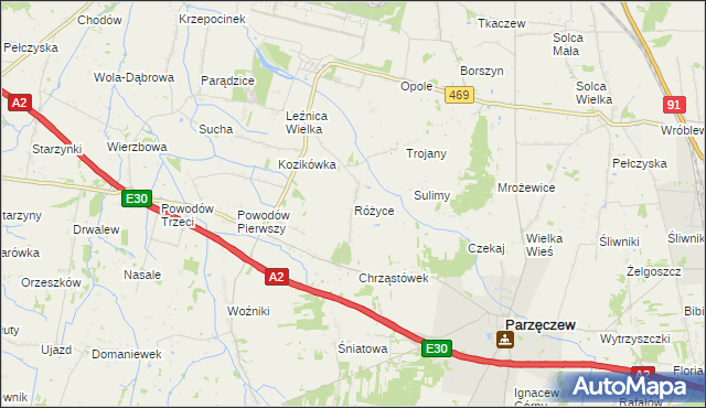 mapa Różyce gmina Parzęczew, Różyce gmina Parzęczew na mapie Targeo