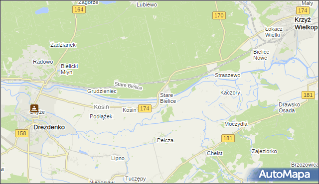 mapa Stare Bielice gmina Drezdenko, Stare Bielice gmina Drezdenko na mapie Targeo