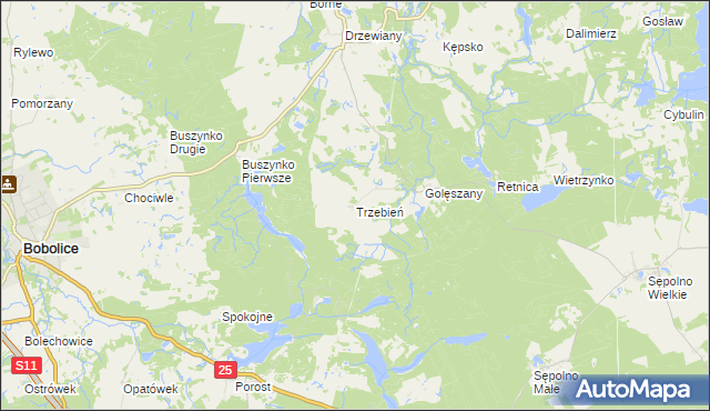 mapa Trzebień gmina Bobolice, Trzebień gmina Bobolice na mapie Targeo