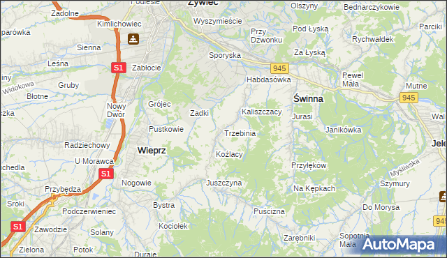 mapa Trzebinia gmina Świnna, Trzebinia gmina Świnna na mapie Targeo