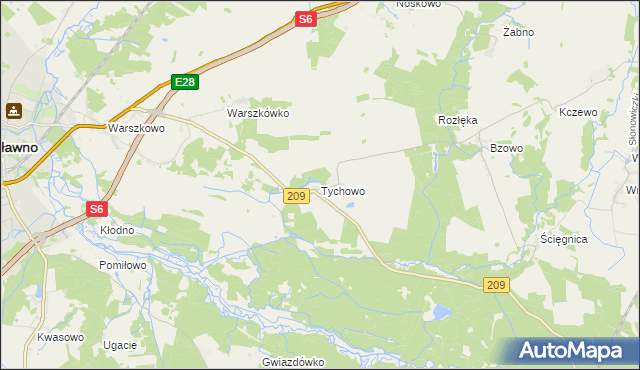 mapa Tychowo gmina Sławno, Tychowo gmina Sławno na mapie Targeo