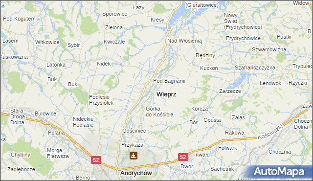 mapa Wieprz powiat wadowicki, Wieprz powiat wadowicki na mapie Targeo