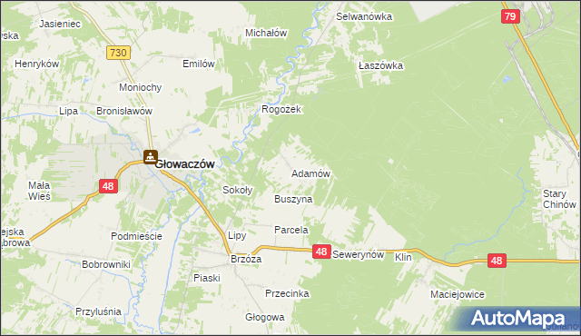mapa Adamów gmina Głowaczów, Adamów gmina Głowaczów na mapie Targeo
