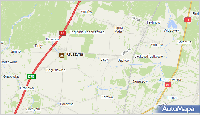 mapa Baby gmina Kruszyna, Baby gmina Kruszyna na mapie Targeo