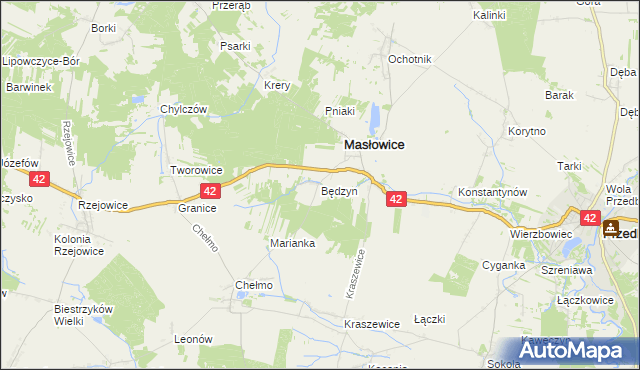 mapa Będzyn gmina Masłowice, Będzyn gmina Masłowice na mapie Targeo