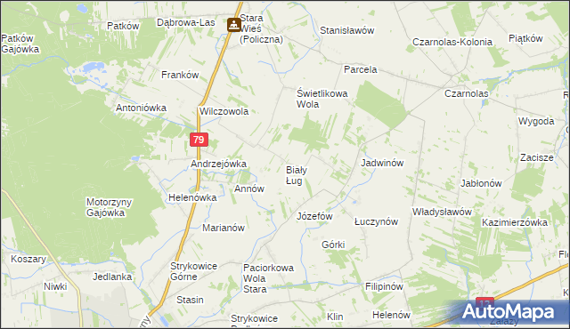 mapa Biały Ług gmina Policzna, Biały Ług gmina Policzna na mapie Targeo