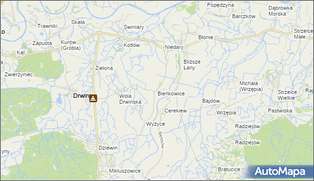 mapa Bieńkowice gmina Drwinia, Bieńkowice gmina Drwinia na mapie Targeo