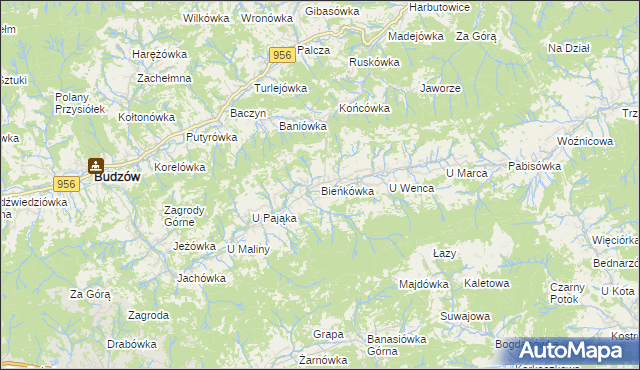 mapa Bieńkówka gmina Budzów, Bieńkówka gmina Budzów na mapie Targeo