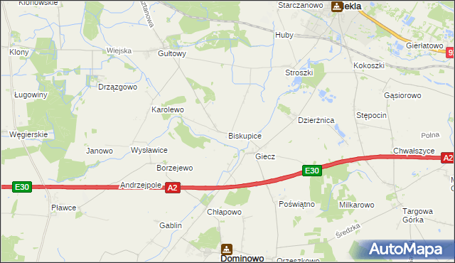 mapa Biskupice gmina Dominowo, Biskupice gmina Dominowo na mapie Targeo