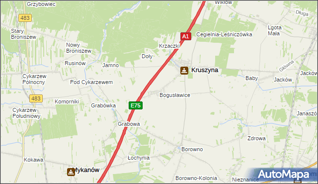 mapa Bogusławice gmina Kruszyna, Bogusławice gmina Kruszyna na mapie Targeo