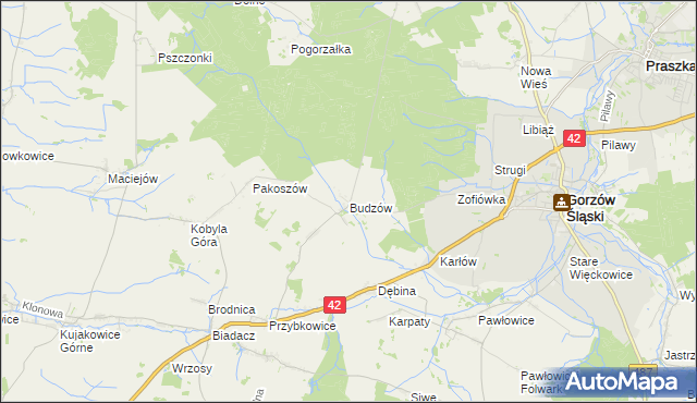mapa Budzów gmina Gorzów Śląski, Budzów gmina Gorzów Śląski na mapie Targeo