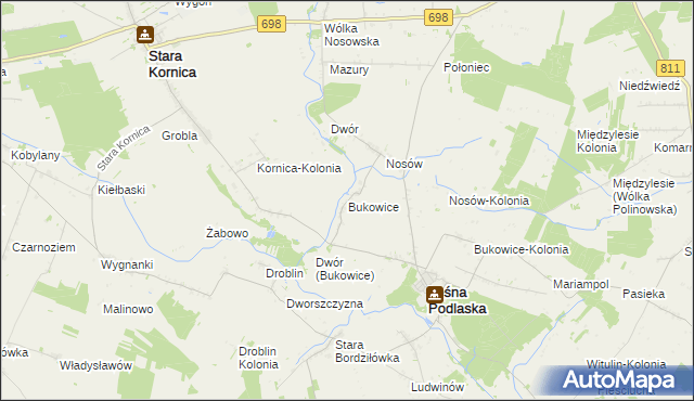 mapa Bukowice gmina Leśna Podlaska, Bukowice gmina Leśna Podlaska na mapie Targeo