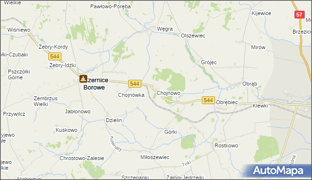 mapa Chojnowo gmina Czernice Borowe, Chojnowo gmina Czernice Borowe na mapie Targeo