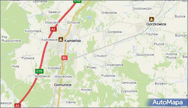 mapa Chruścin gmina Gomunice, Chruścin gmina Gomunice na mapie Targeo