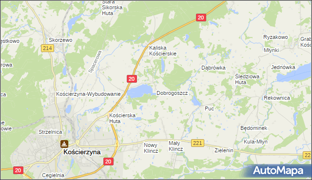 mapa Dobrogoszcz gmina Kościerzyna, Dobrogoszcz gmina Kościerzyna na mapie Targeo