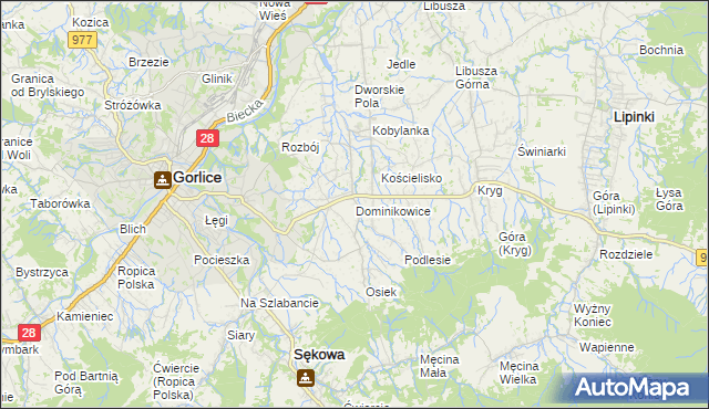 mapa Dominikowice gmina Gorlice, Dominikowice gmina Gorlice na mapie Targeo