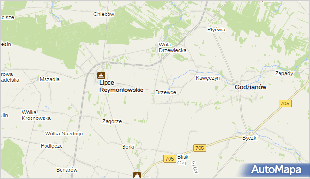 mapa Drzewce gmina Lipce Reymontowskie, Drzewce gmina Lipce Reymontowskie na mapie Targeo