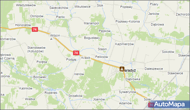 mapa Feliksów gmina Paradyż, Feliksów gmina Paradyż na mapie Targeo