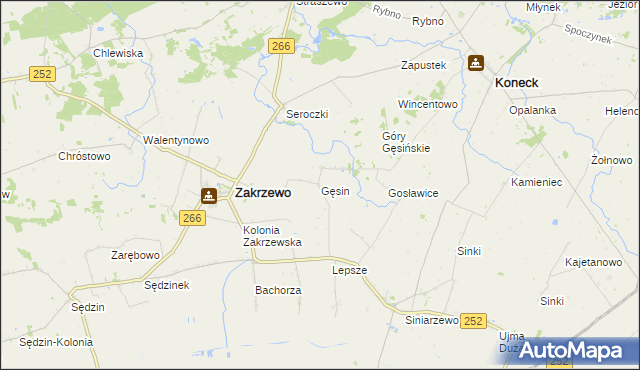 mapa Gęsin gmina Zakrzewo, Gęsin gmina Zakrzewo na mapie Targeo