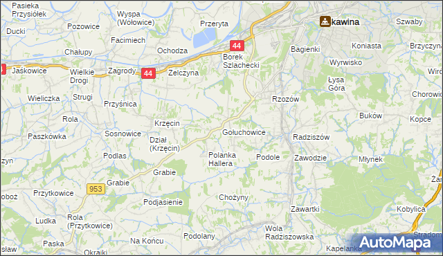 mapa Gołuchowice gmina Skawina, Gołuchowice gmina Skawina na mapie Targeo