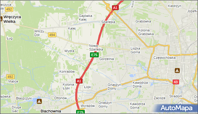 mapa Gorzelnia gmina Blachownia, Gorzelnia gmina Blachownia na mapie Targeo