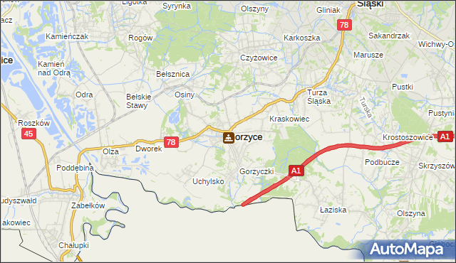 mapa Gorzyce powiat wodzisławski, Gorzyce powiat wodzisławski na mapie Targeo