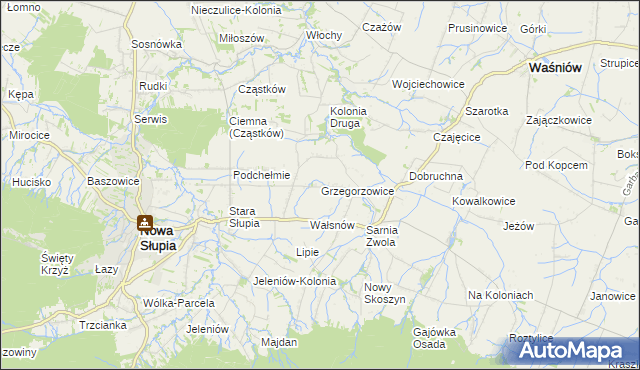 mapa Grzegorzowice gmina Waśniów, Grzegorzowice gmina Waśniów na mapie Targeo