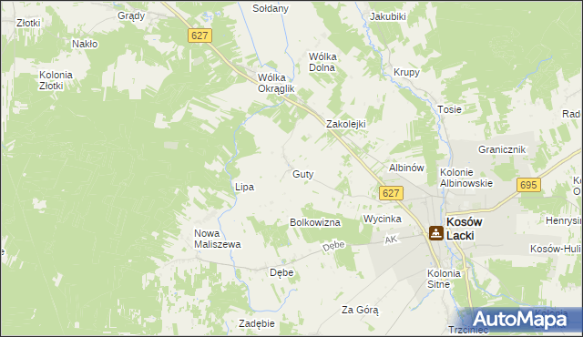 mapa Guty gmina Kosów Lacki, Guty gmina Kosów Lacki na mapie Targeo