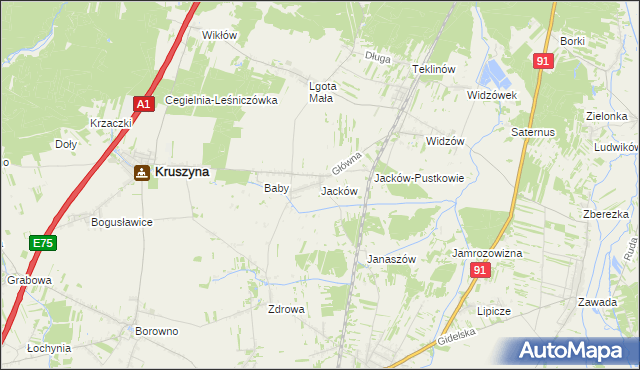 mapa Jacków gmina Kruszyna, Jacków gmina Kruszyna na mapie Targeo