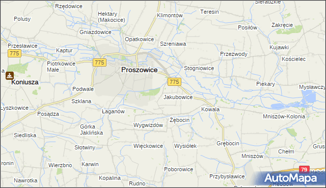 mapa Jakubowice gmina Proszowice, Jakubowice gmina Proszowice na mapie Targeo