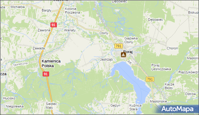 mapa Jastrząb gmina Poraj, Jastrząb gmina Poraj na mapie Targeo