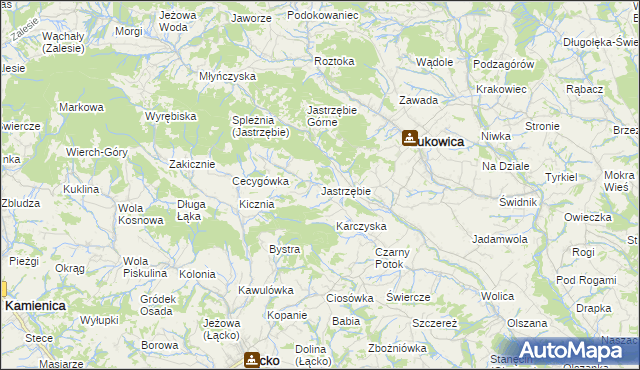 mapa Jastrzębie gmina Łukowica, Jastrzębie gmina Łukowica na mapie Targeo