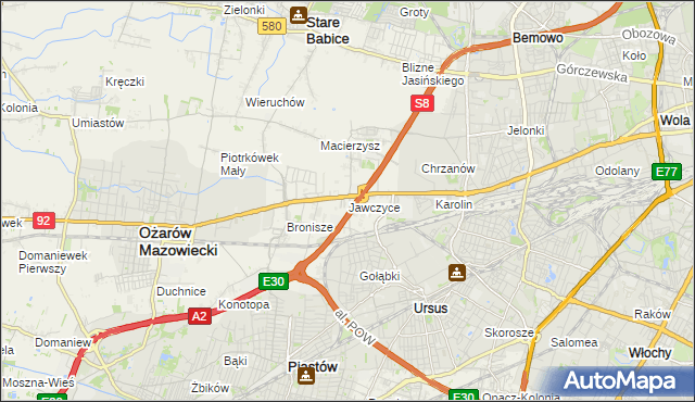 mapa Jawczyce gmina Ożarów Mazowiecki, Jawczyce gmina Ożarów Mazowiecki na mapie Targeo