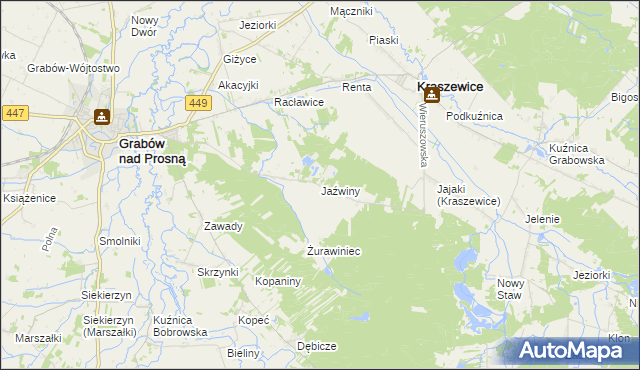 mapa Jaźwiny gmina Kraszewice, Jaźwiny gmina Kraszewice na mapie Targeo