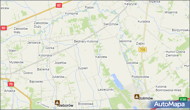 mapa Karolew gmina Nieborów, Karolew gmina Nieborów na mapie Targeo