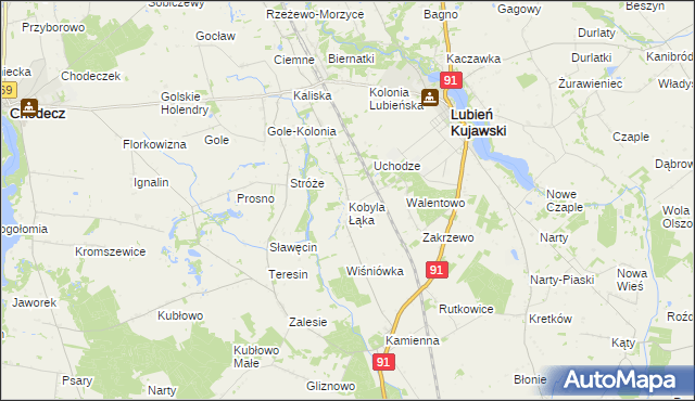 mapa Kobyla Łąka gmina Lubień Kujawski, Kobyla Łąka gmina Lubień Kujawski na mapie Targeo