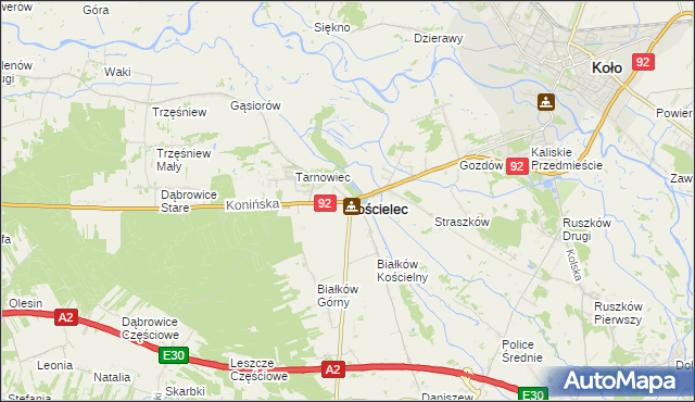 mapa Kościelec powiat kolski, Kościelec powiat kolski na mapie Targeo