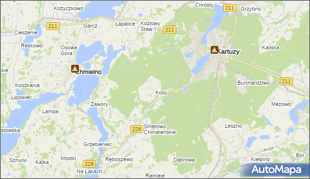 mapa Kosy gmina Kartuzy, Kosy gmina Kartuzy na mapie Targeo