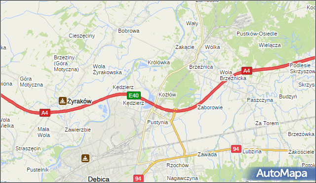 mapa Kozłów gmina Dębica, Kozłów gmina Dębica na mapie Targeo