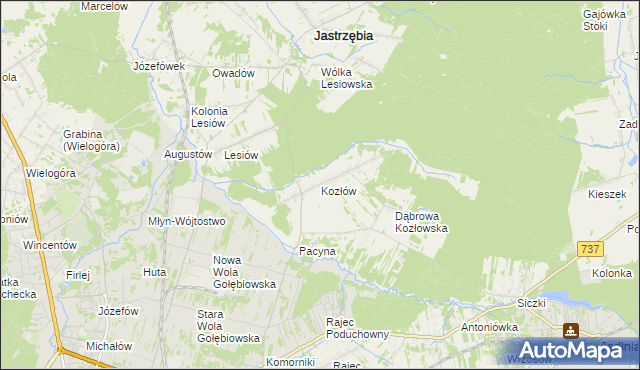 mapa Kozłów gmina Jastrzębia, Kozłów gmina Jastrzębia na mapie Targeo