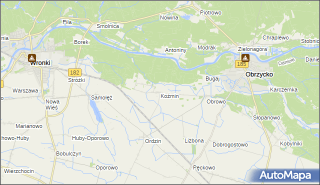 mapa Koźmin gmina Obrzycko, Koźmin gmina Obrzycko na mapie Targeo