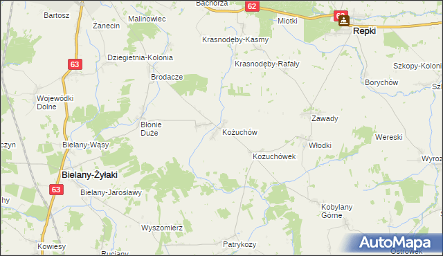 mapa Kożuchów gmina Bielany, Kożuchów gmina Bielany na mapie Targeo