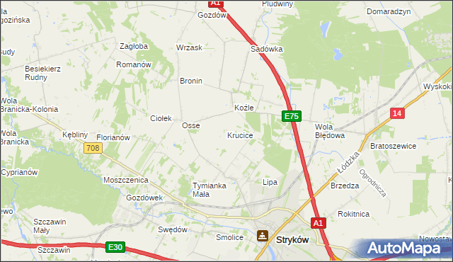 mapa Krucice gmina Stryków, Krucice gmina Stryków na mapie Targeo
