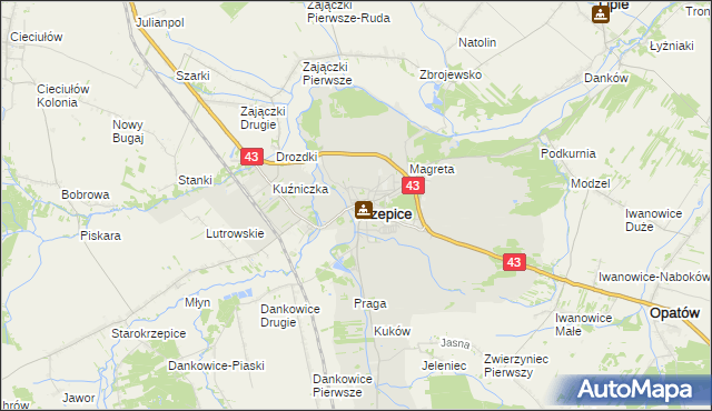 mapa Krzepice powiat kłobucki, Krzepice powiat kłobucki na mapie Targeo