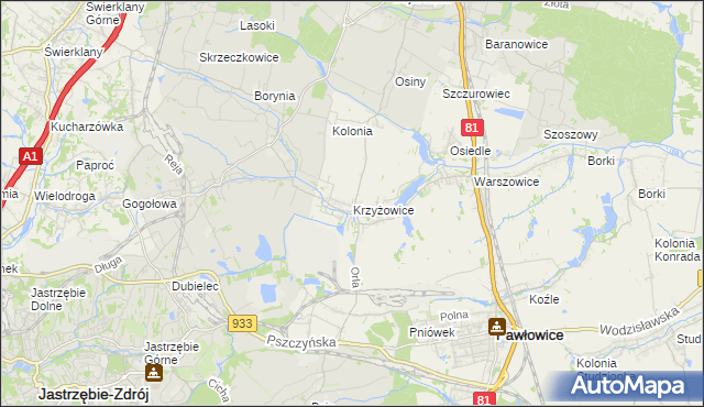 mapa Krzyżowice gmina Pawłowice, Krzyżowice gmina Pawłowice na mapie Targeo
