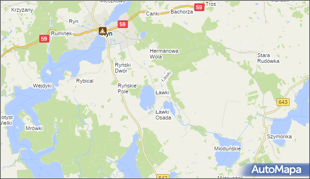 mapa Ławki gmina Ryn, Ławki gmina Ryn na mapie Targeo