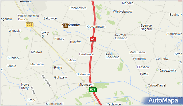 mapa Łęki Górne gmina Krzyżanów, Łęki Górne gmina Krzyżanów na mapie Targeo